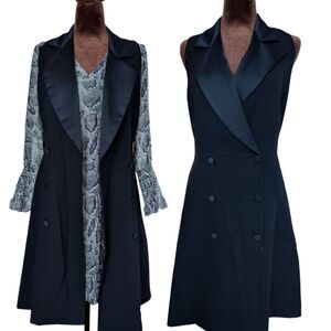 Anne Klein Black Double-Breasted Tuxedo  Dress with Satin Lapels Sz S